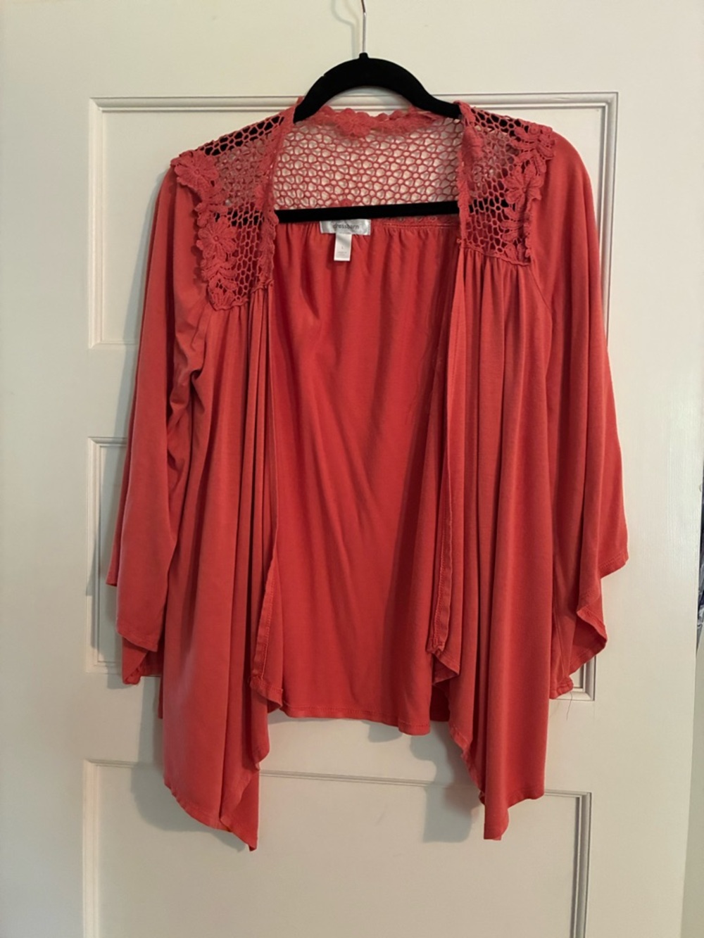 dressbarn Coral Open-Front Crochet Shoulder Shrug